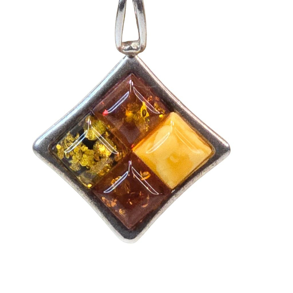 Vintage 925 Sterling Silver Amber Multi-color Pendant Necklace Women's Classic